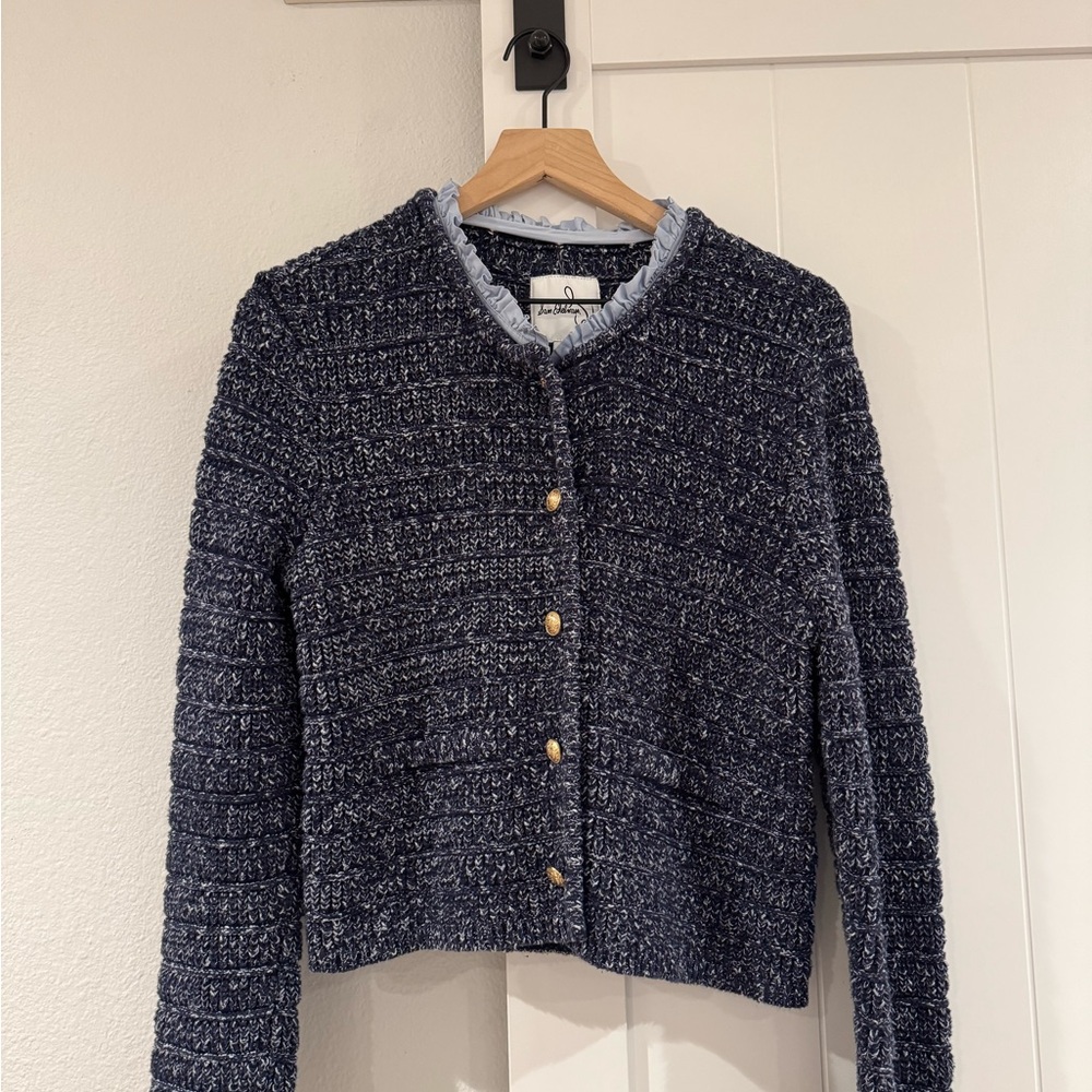 Sam Edelman Navy Textured Cardigan with Gold Buttons
